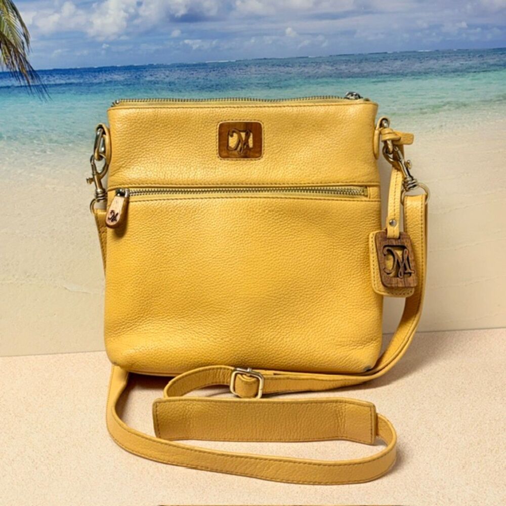 Martin & MacArthur Hawaii Yellow Leather Koa Wood Crossbody Bag 9x9